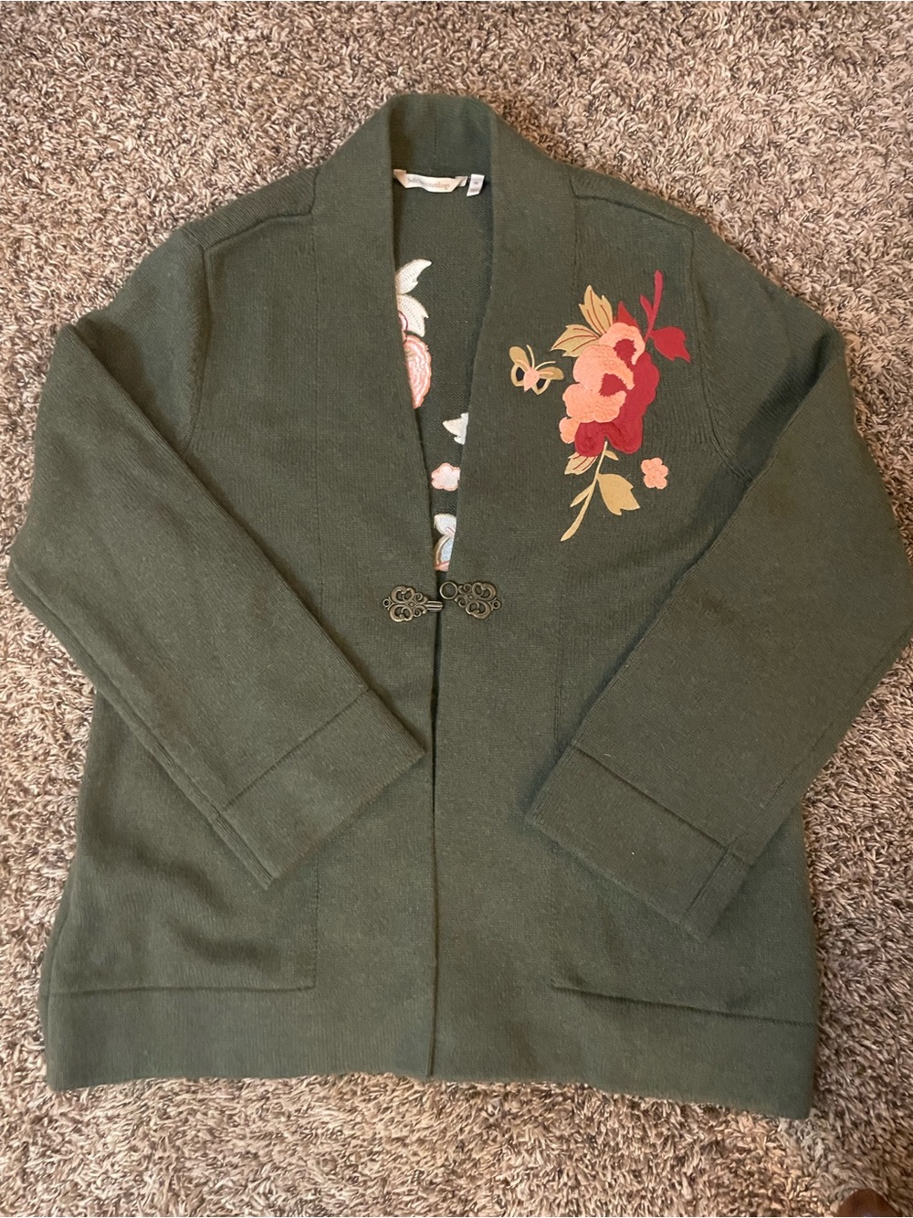 Soft Surroundings Olive Green Floral-Embroidered Cardigan